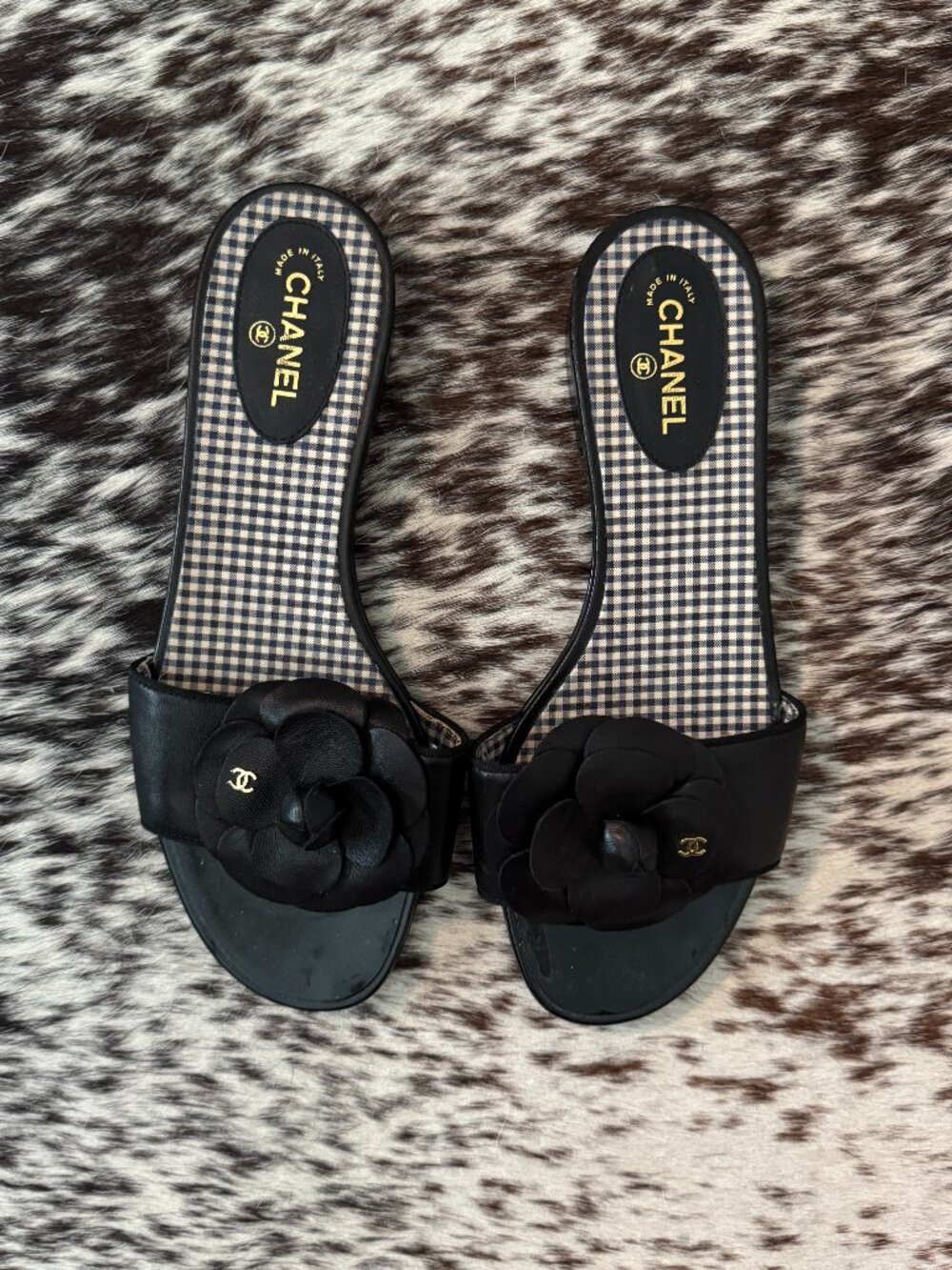 Chanel Camellia Black Leather Slide Mules Size 38